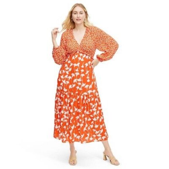 Women's V-Neck Ginkgo Cherry Tomato Maxi Dress - DVF S - Picture 3 of 5